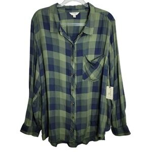 Terra & Sky Womens 3X Dark Aloe Green Blue Buffalo Plaid Button Woven Top NWT